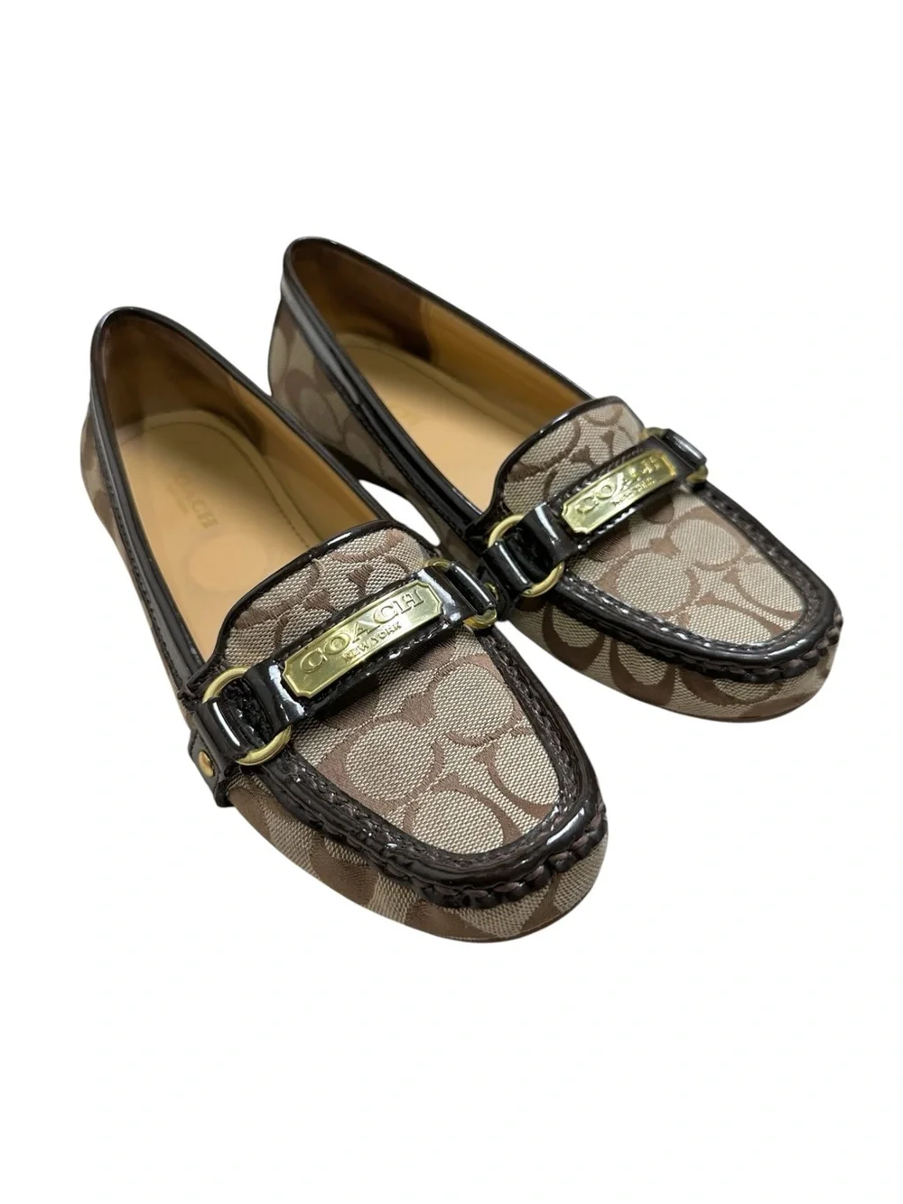 Coach Women’s 6.5B Felisha Signature C Canvas Beige & Brown Leather Trim Loafers